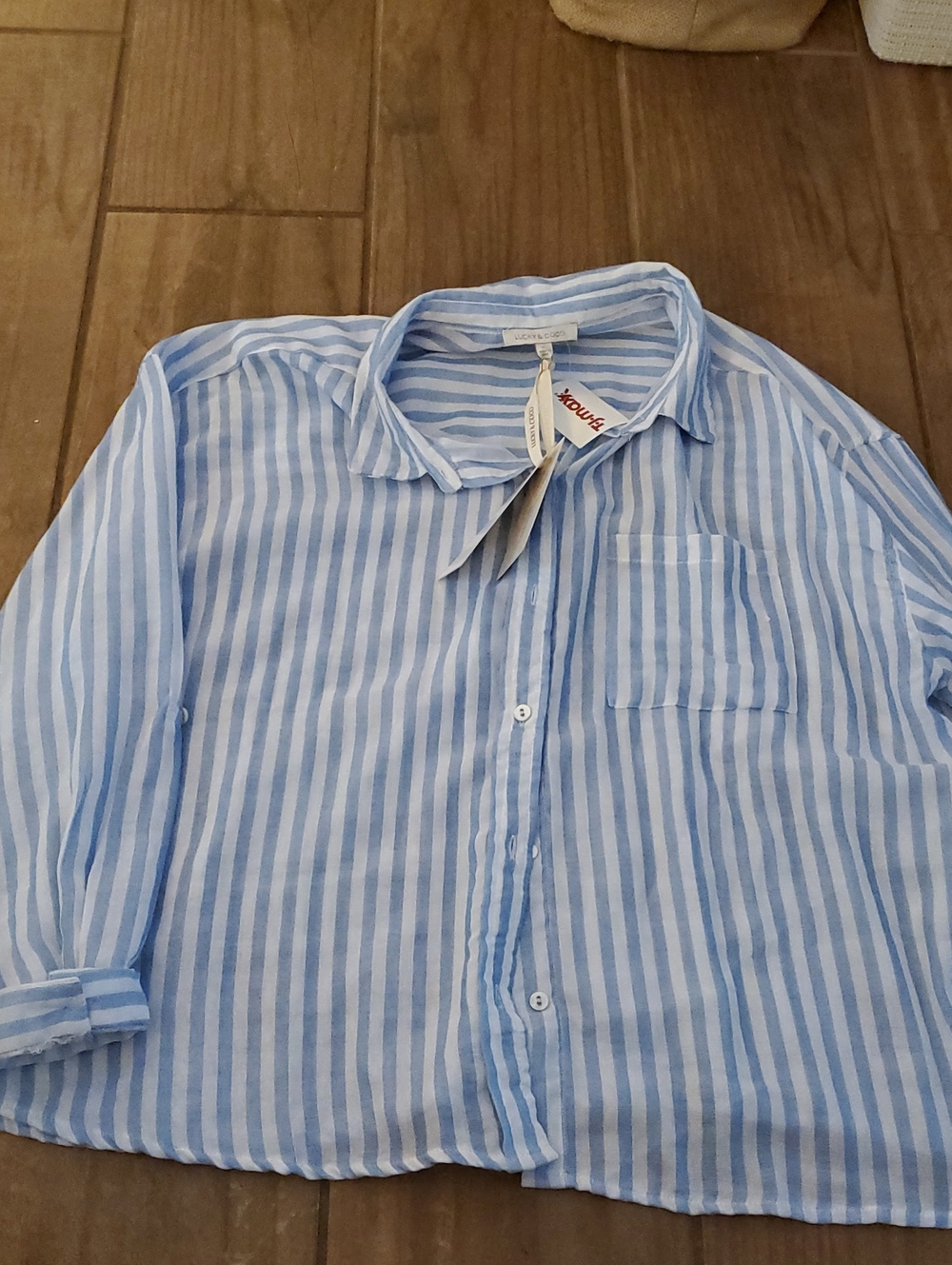 Women's Light Blue & White Stripe Casual Button-Down Shirt By Lucky & Coco